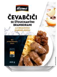 Čevabčiči s hořč. omáčkou, cibul. marmeládou a šť. bramborami (v kartonovém přebalu) 400g