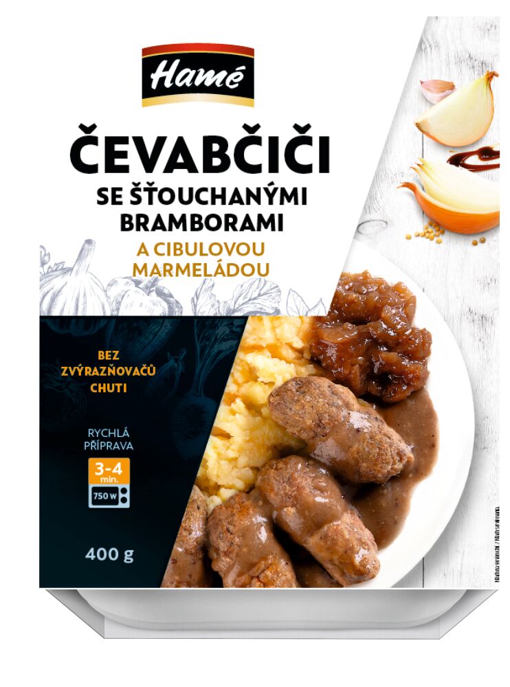 Čevabčiči s hořč. omáčkou, cibul. marmeládou a šť. bramborami (v kartonovém přebalu) 400g