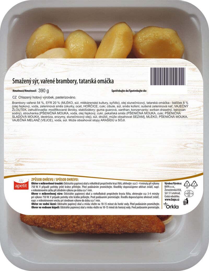 Smažený sýr, vařené brambory, tatarská omáčka 390g
