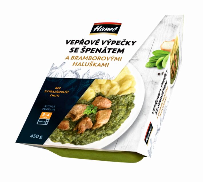 Vepřové výpečky se špenátem, bramborové halušky 450g