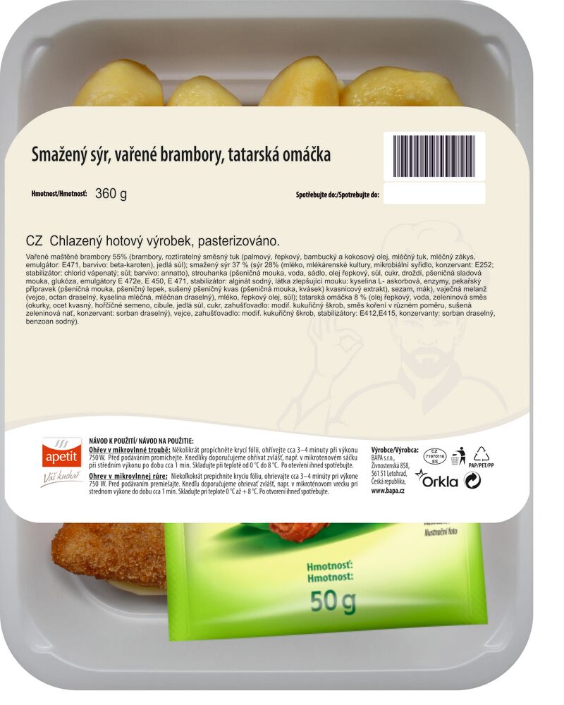 Smažený sýr, vařené brambory, tatarská omáčka 390g