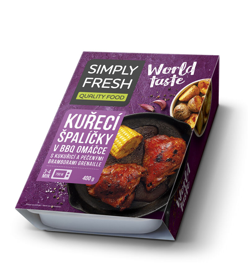 Kuřecí špalíčky v BBQ omáčce s kukuřicí a pečenými grenaille (v kartonovém přebalu) 400g