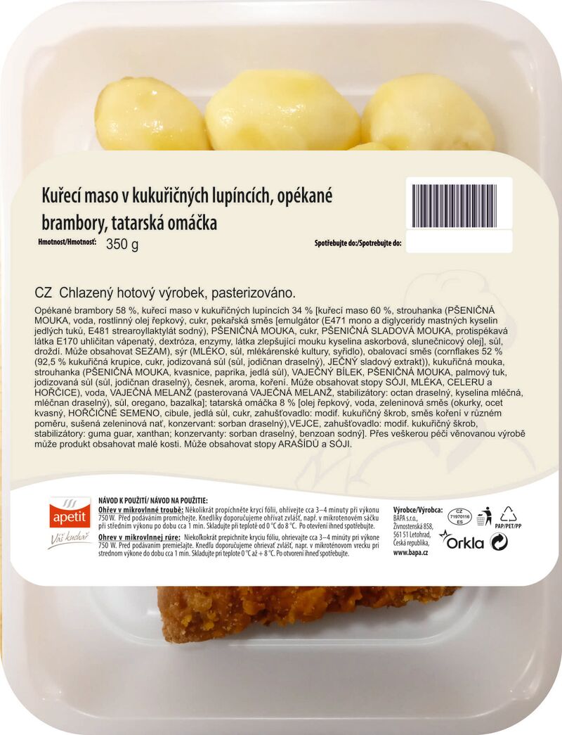 Kuřecí maso v kukuřičných lupíncích, opékané brambory, tatarská omáčka 350g