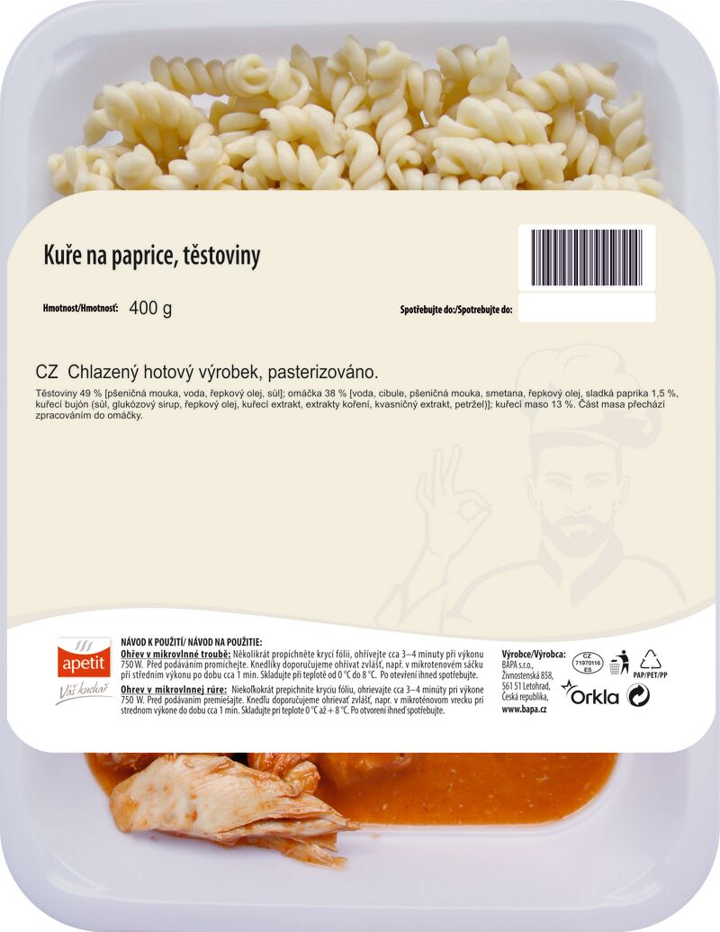 Kuře na paprice, těstoviny 450g